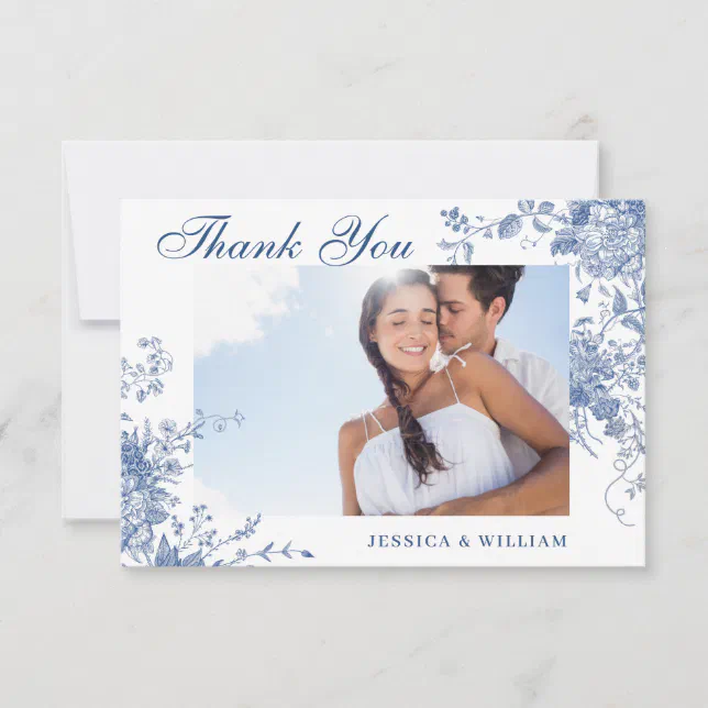 Elegant Victorian Blue French Floral Wedding Photo Thank You Card | Zazzle