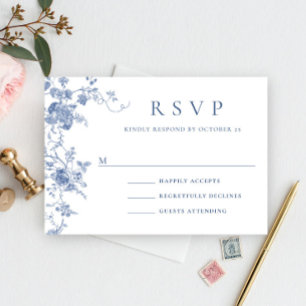 Elegant Victorian Blue French Floral Wedding RSVP Card