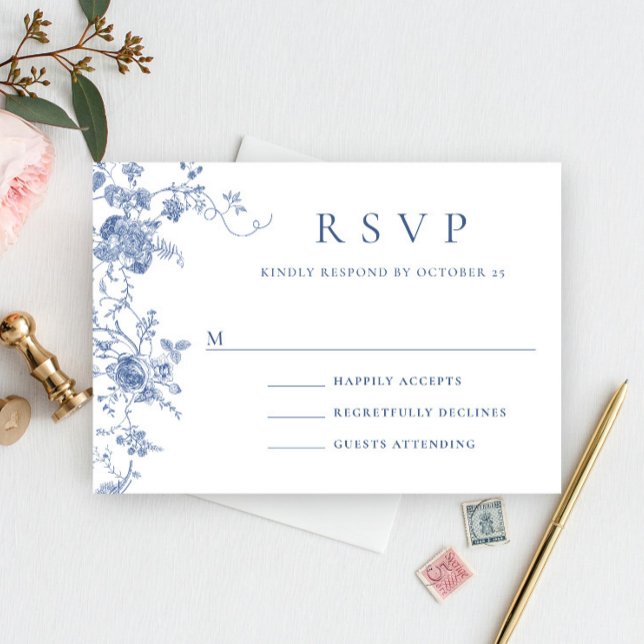 Elegant Victorian Blue French Floral Wedding RSVP Card (Creator Uploaded)
