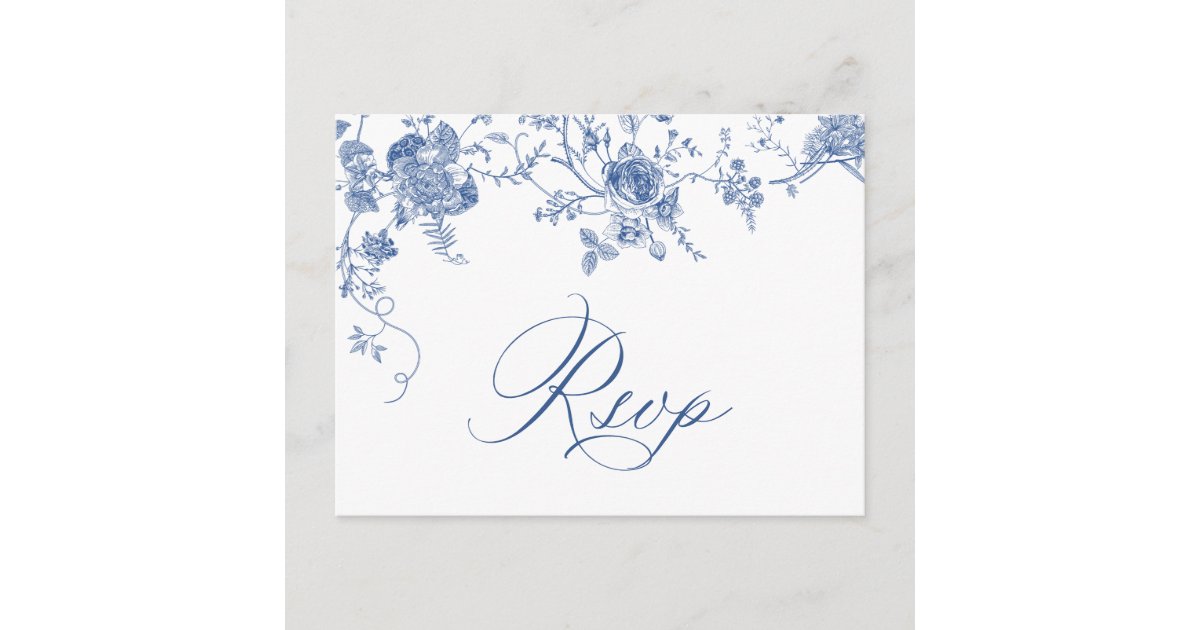 Elegant Victorian Blue French Floral Wedding RSVP Postcard | Zazzle