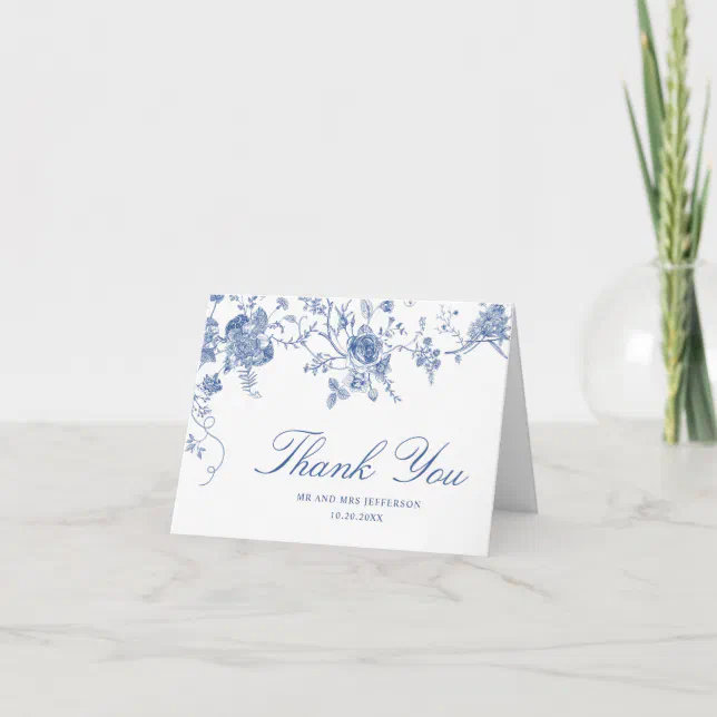 Elegant Victorian Blue French Floral Wedding Thank You Card | Zazzle