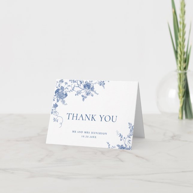 Elegant Victorian Blue French Floral Wedding Thank You Card (Front)