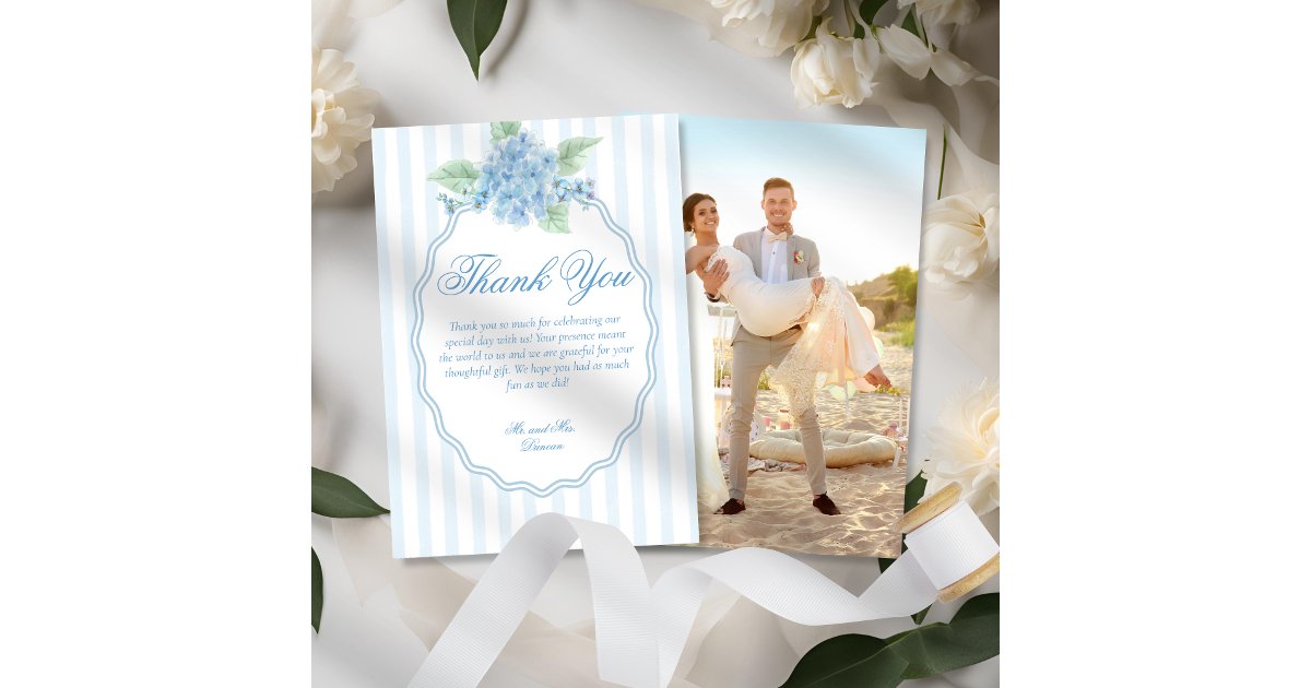 Elegant Victorian Blue Hydrangea Photo Wedding Thank You Card | Zazzle
