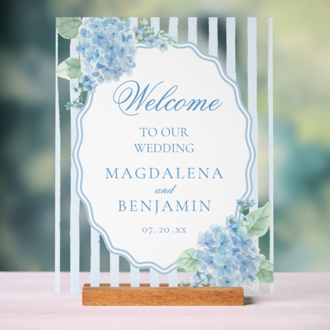 Elegant Victorian Blue Hydrangea Wedding Welcome Acrylic Sign (Neutral)