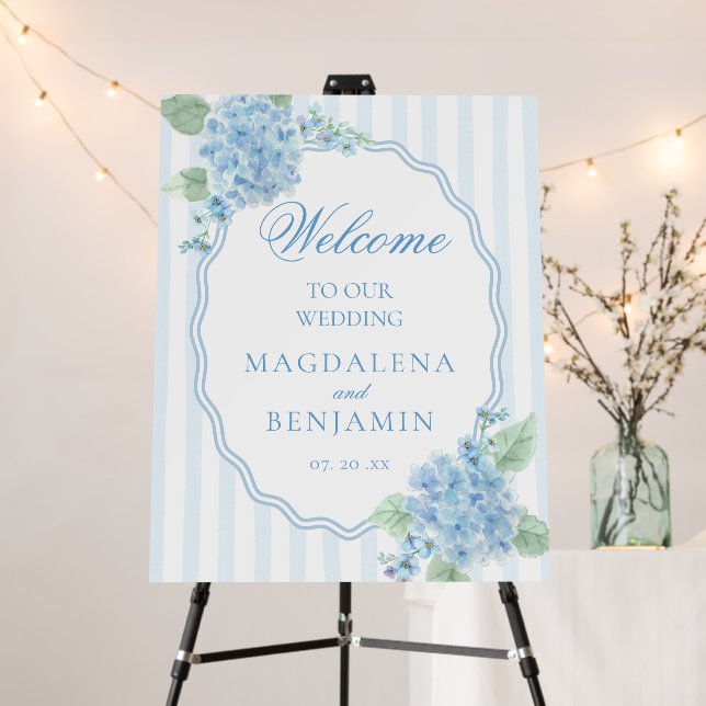 Elegant Victorian Blue Hydrangea Wedding Welcome Foam Board (In Situ (Stand))
