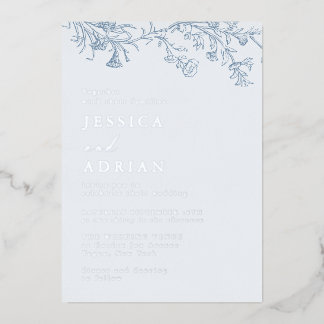 Elegant Victorian Blue Wedding Silver Foil Invitation