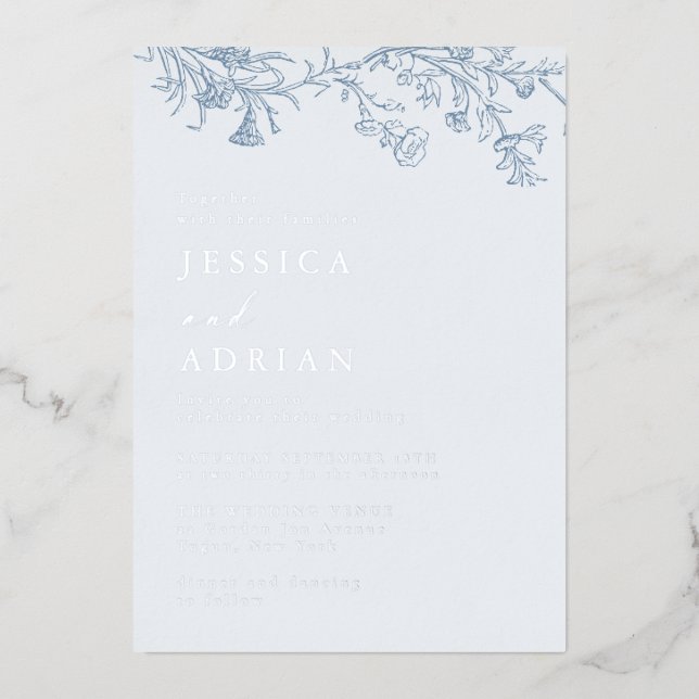 Elegant Victorian Blue Wedding Silver Foil Invitation (Front)
