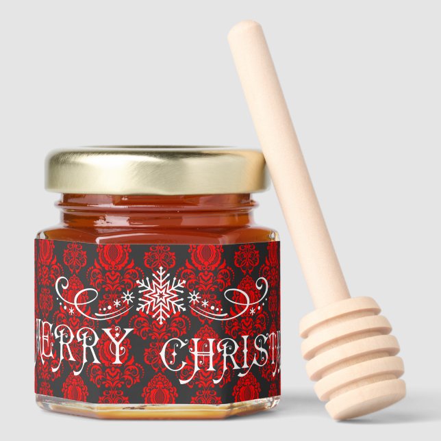  Elegant, Victorian Damask Christmas Honey Jar Favors (Front)
