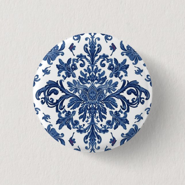 Elegant Victorian Damask Flower Pattern Navy Blue  Button (Front)