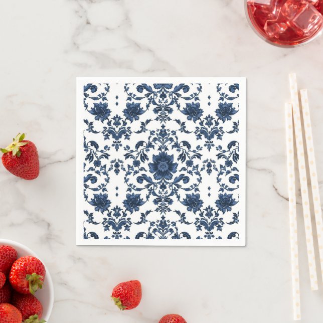 Elegant Victorian Damask Flower Pattern Navy Blue  Napkins (Insitu)