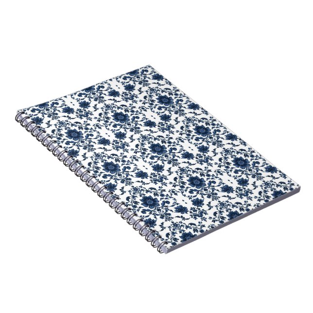 Elegant Victorian Damask Flower Pattern Navy Blue  Notebook (Right Side)