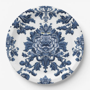 Elegant Victorian Damask Flower Pattern Navy Blue Paper Plates