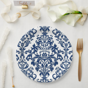 Elegant Victorian Damask Flower Pattern Navy Blue Paper Plates