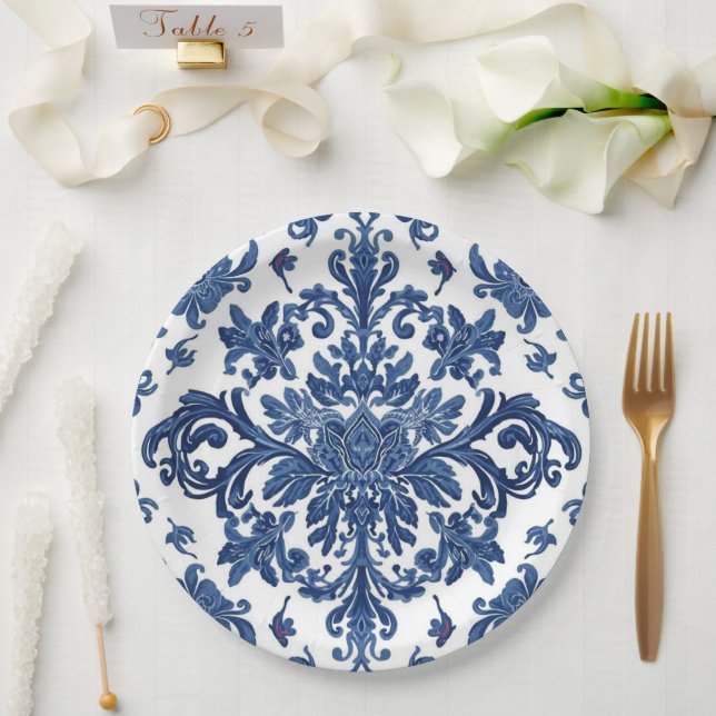 Elegant Victorian Damask Flower Pattern Navy Blue  Paper Plates (Wedding)