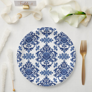 Elegant Victorian Damask Flower Pattern Navy Blue Paper Plates