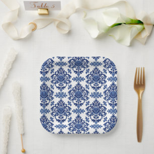 Elegant Victorian Damask Flower Pattern Navy Blue Paper Plates