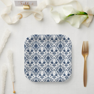 Elegant Victorian Damask Flower Pattern Navy Blue Paper Plates