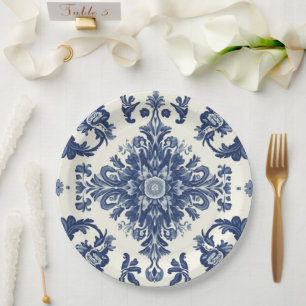 Elegant Victorian Damask Flower Pattern Navy Blue Paper Plates