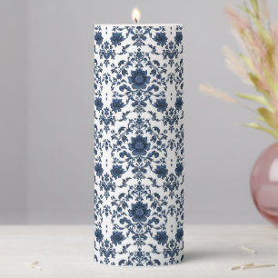 Elegant Victorian Damask Flower Pattern Navy Blue Pillar Candle