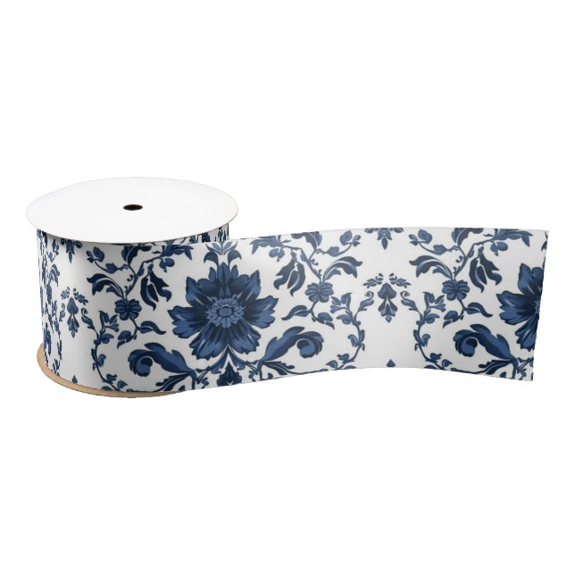 Elegant Victorian Damask Flower Pattern Navy Blue  Satin Ribbon (Spool)