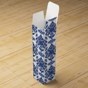 Elegant Victorian Damask Flower Pattern Navy Blue Wine Box