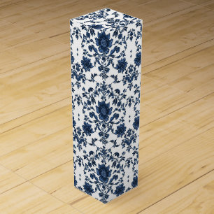 Elegant Victorian Damask Flower Pattern Navy Blue Wine Box