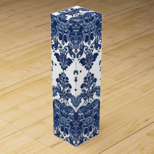 Elegant Victorian Damask Flower Pattern Navy Blue Wine Box