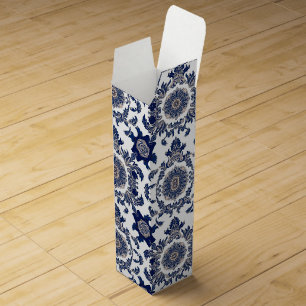 Elegant Victorian Damask Flower Pattern Navy Blue Wine Box