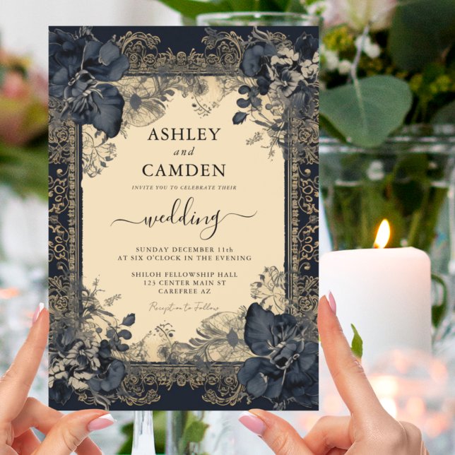 Elegant Victorian Dark Blue Gold Wedding Invitation (Creator Uploaded)
