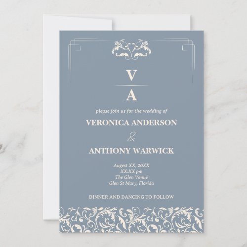 Elegant Victorian Dusty Blue Floral Wedding Invitation