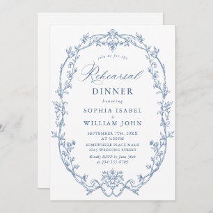 Elegant Victorian Dusty Blue Rehearsal Dinner Invitation