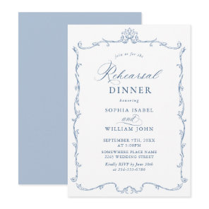 Elegant Victorian Dusty Blue Rehearsal Dinner Invitation