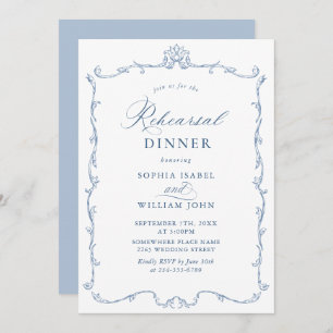 Elegant Victorian Dusty Blue Rehearsal Dinner Invitation