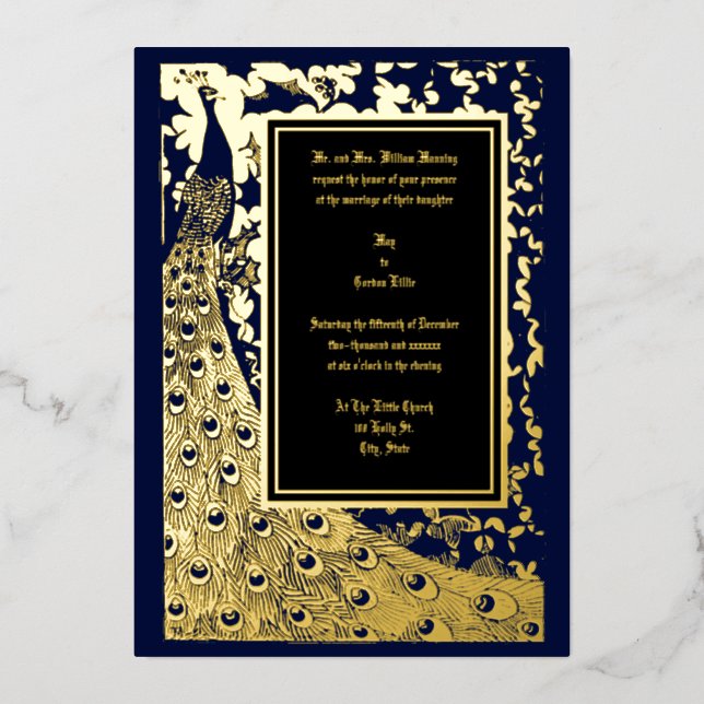 Elegant Victorian Era Art Nouveau Peacock Wedding Foil Invitation (Front)