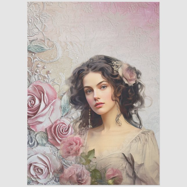 Elegant Victorian Era Lady Lavender Roses & Lace Tissue Paper (Front)
