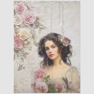 Elegant Victorian Era Lady Pink Roses & Lace Tissue Paper