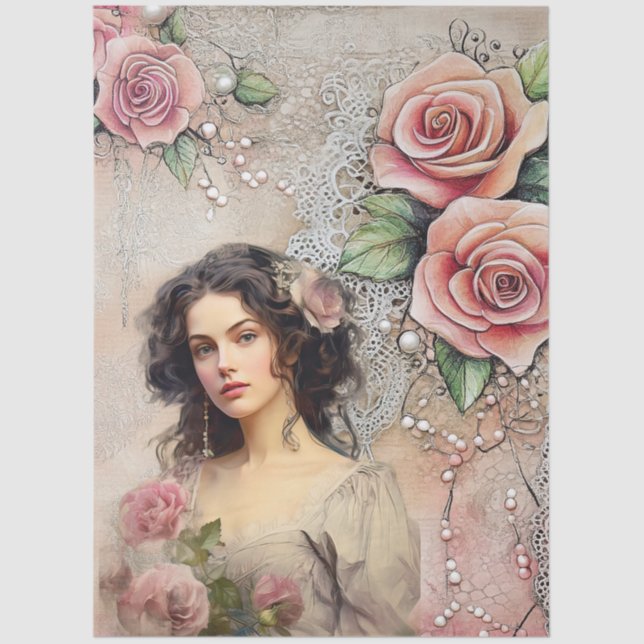 Elegant Victorian Era Lady Pink Roses & Lace Tissue Paper (Front)