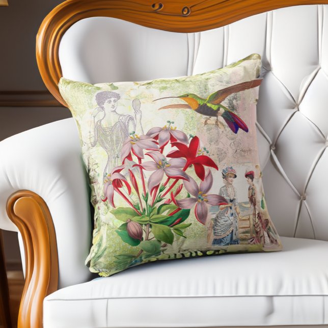 Elegant Victorian Fashion Collage Flowers Birds Throw Pillow (Creator Uploaded)