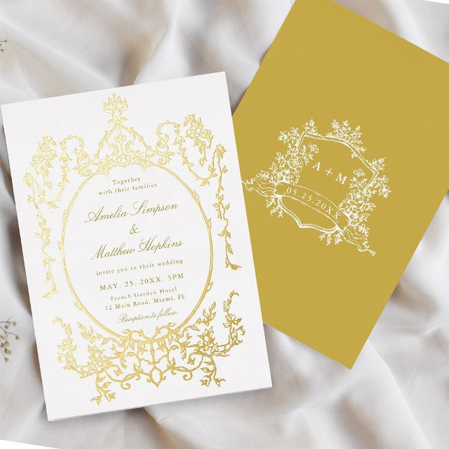 Elegant Victorian Floral Frame Wedding Gold  Foil Invitation (Front & Back)