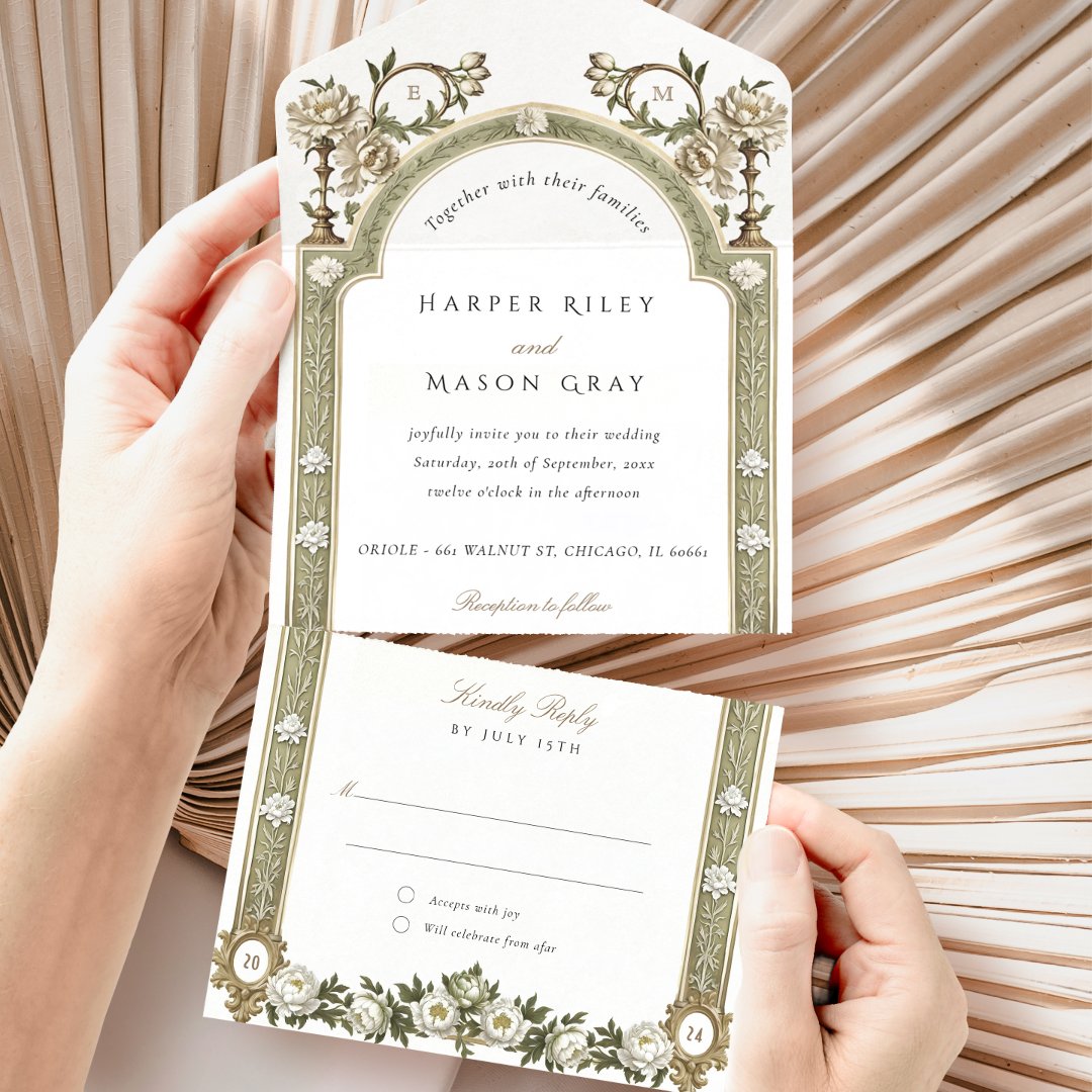 Elegant Victorian Floral Wedding Tear-Away RSVP                    All In One Invitation