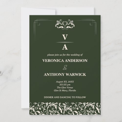 Elegant Victorian Forest Green Floral Wedding Invitation