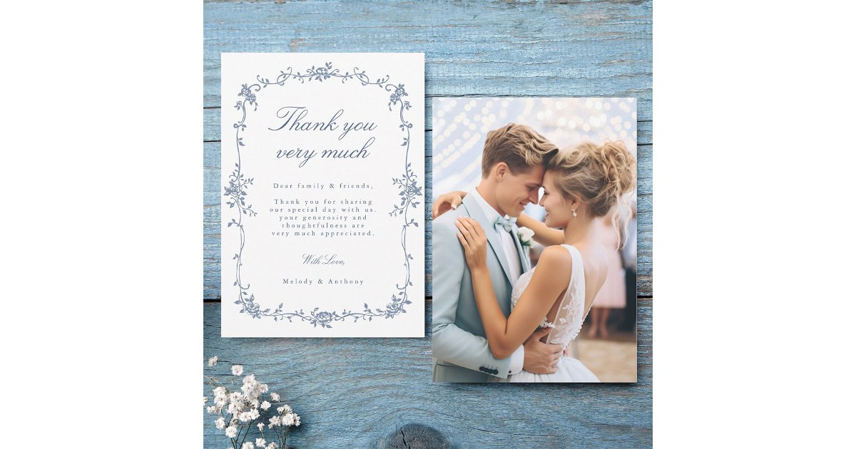 Elegant Victorian French Blue Floral Wedding Photo Thank You Card | Zazzle