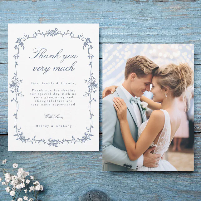 Elegant Victorian French Blue Floral Wedding Photo Thank You Card | Zazzle