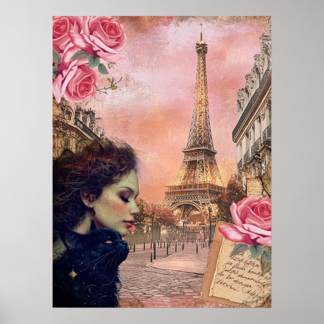 Elegant Victorian Girl & Black Cat In Paris Poster (Front)