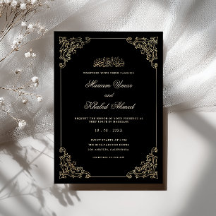 Elegant Victorian Gold Frame Black Muslim Wedding Invitation