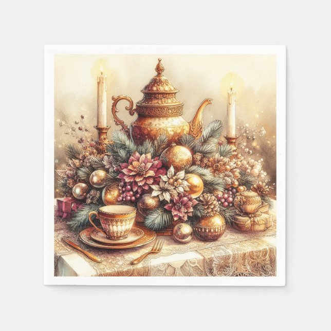 Elegant Victorian Gold Teapot Christmas Floral  Napkins (Front)