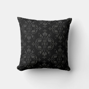 Elegant Victorian Grey over Black Damask Throw Pillow