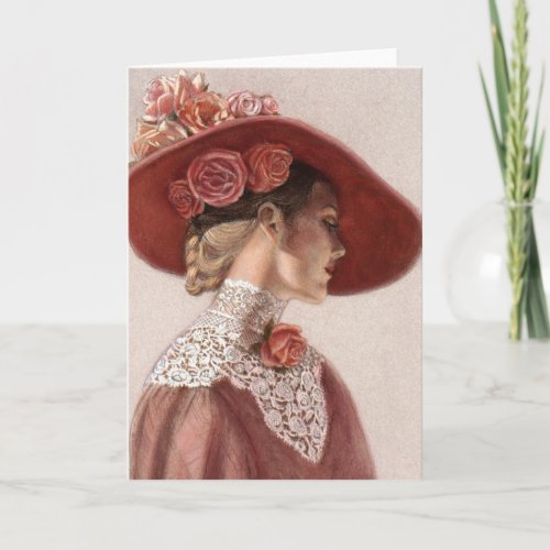 Elegant Victorian Lady Fine Art Vintage Rose Hat Card