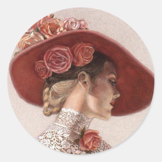Elegant Victorian Lady Fine Art Vintage Rose Hat Classic Round Sticker