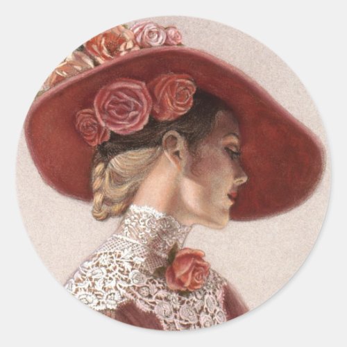 Elegant Victorian Lady Fine Art Vintage Rose Hat Classic Round Sticker
